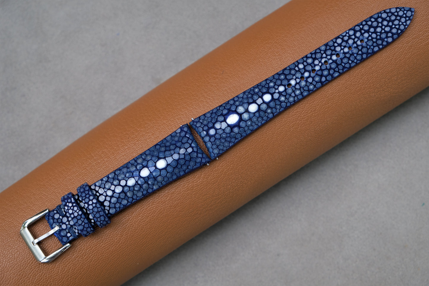 Curved Lugs ,Dark Blue Stingray Watch Strap 2 Pearl In The Center