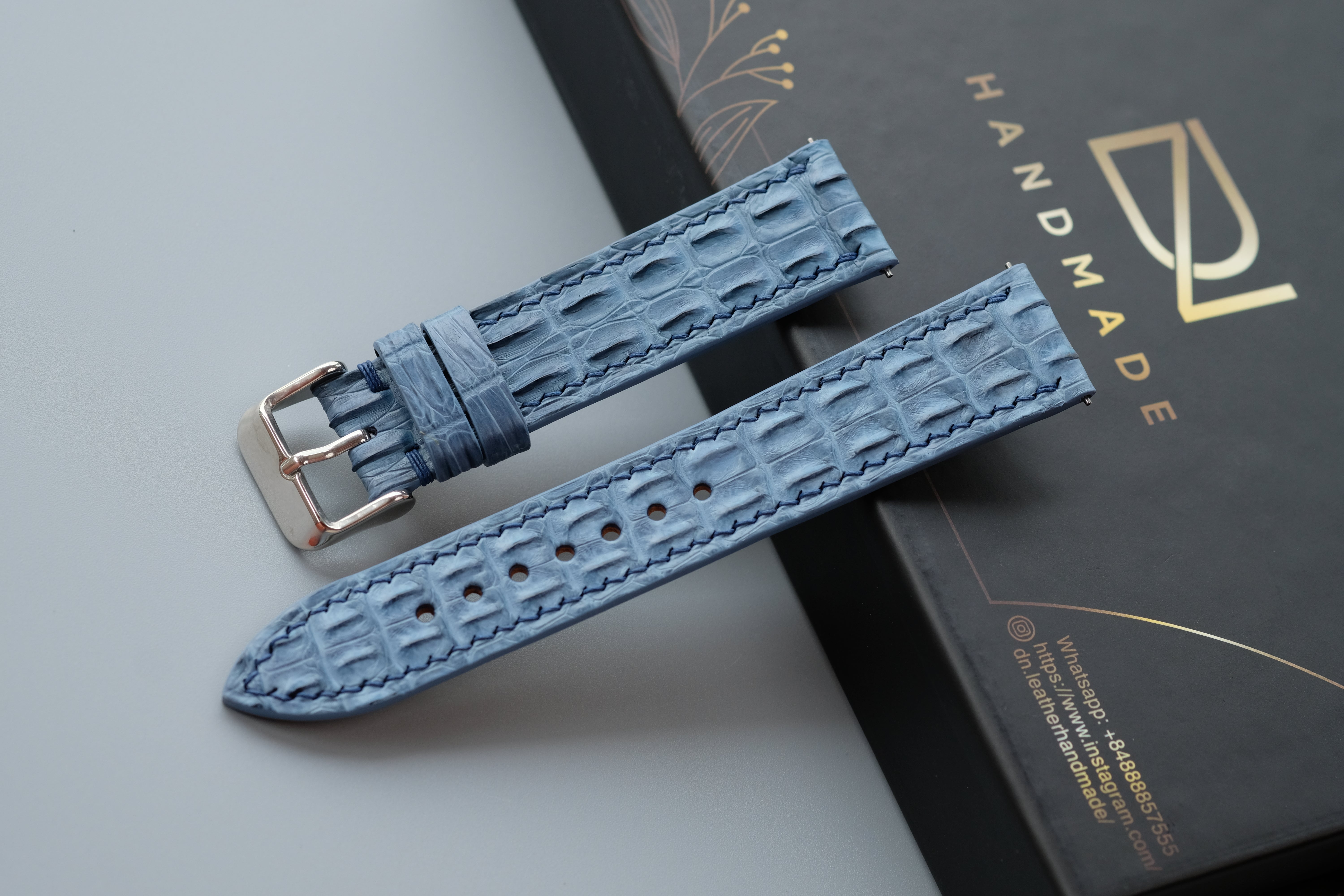 Light Blue Alligator Horn Leather Watch Strap – Custom Sizes 17 mm to