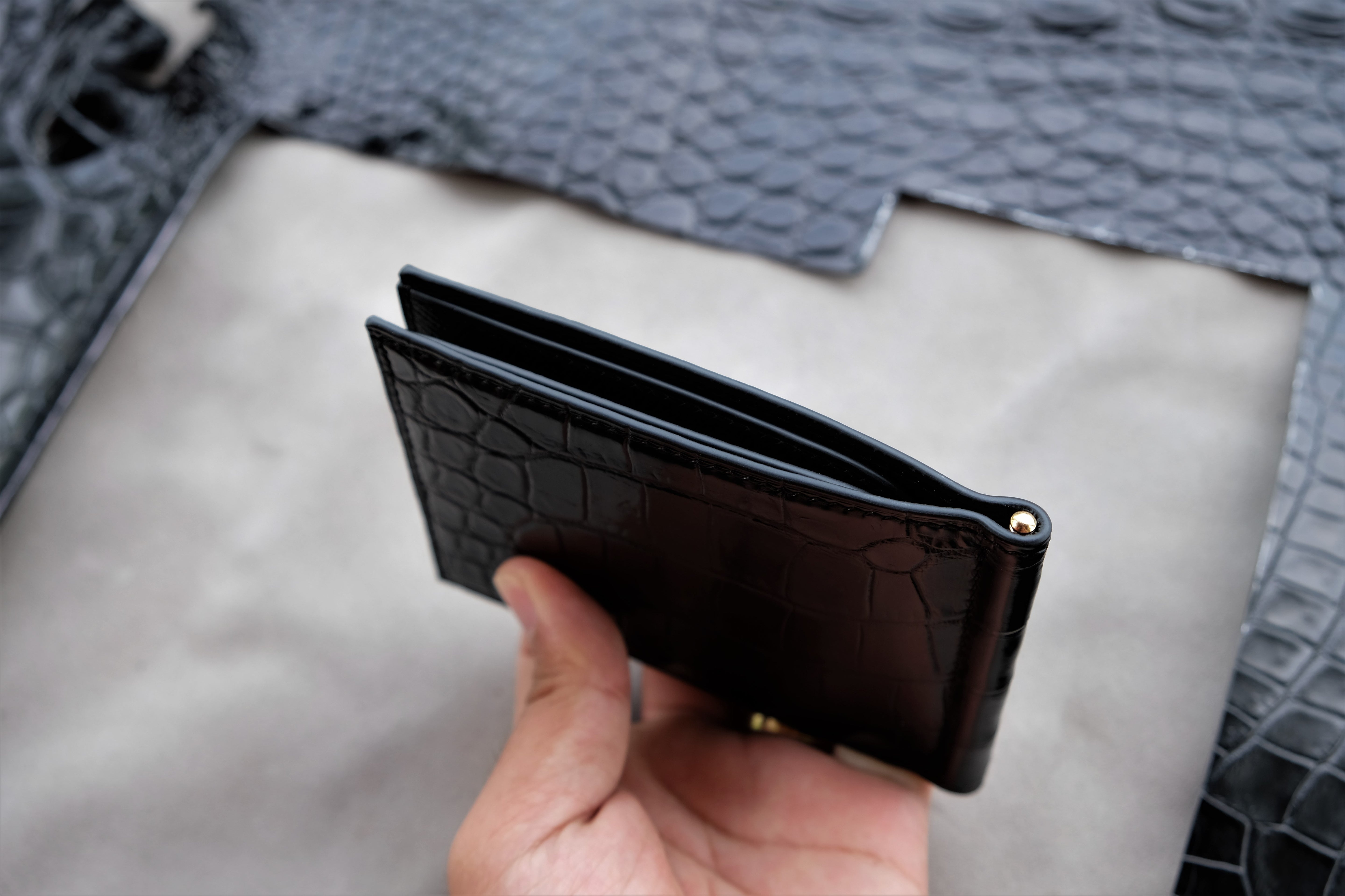 Black Alligator Leather Money Clip Wallet
