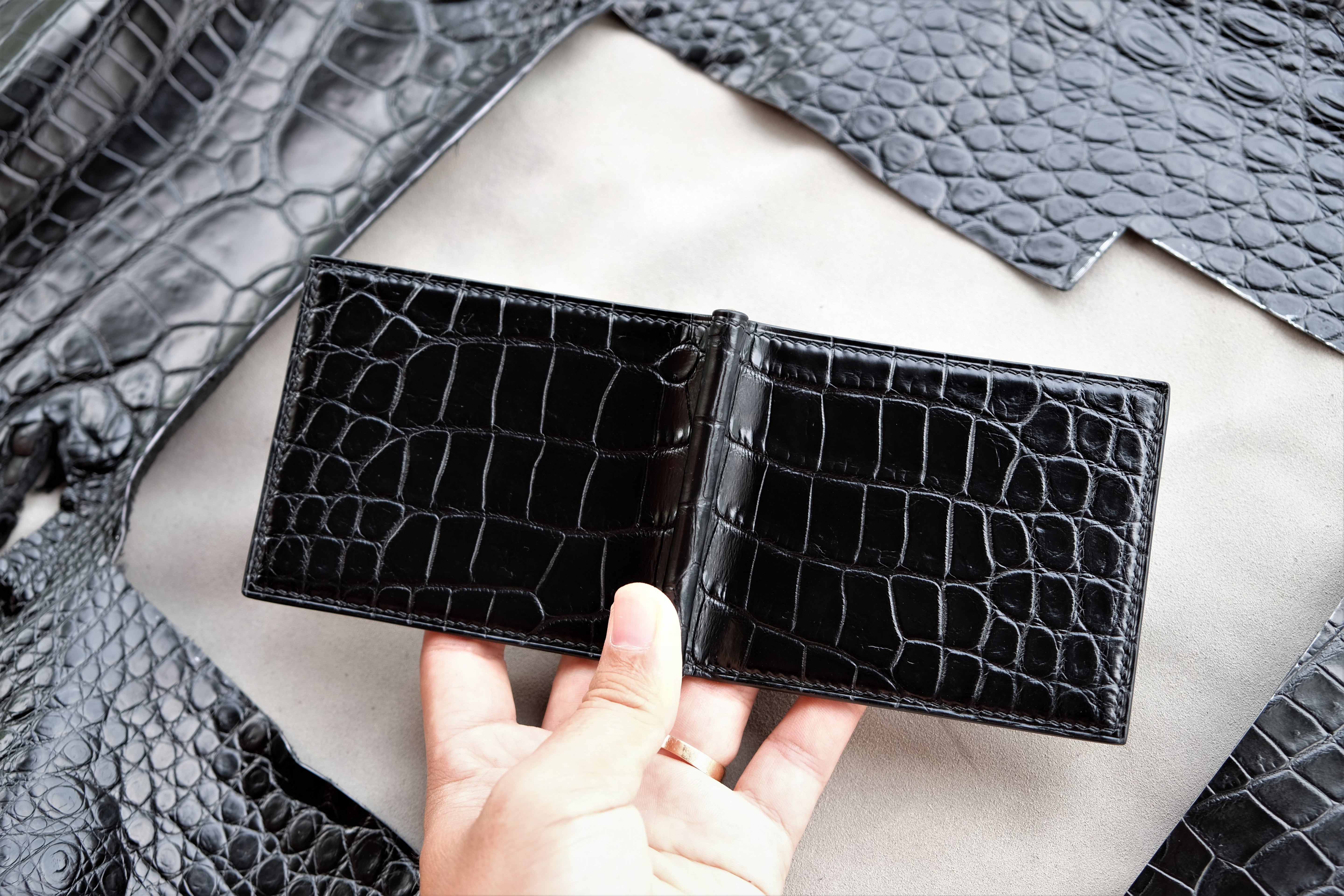 Black Alligator Leather Money Clip Wallet