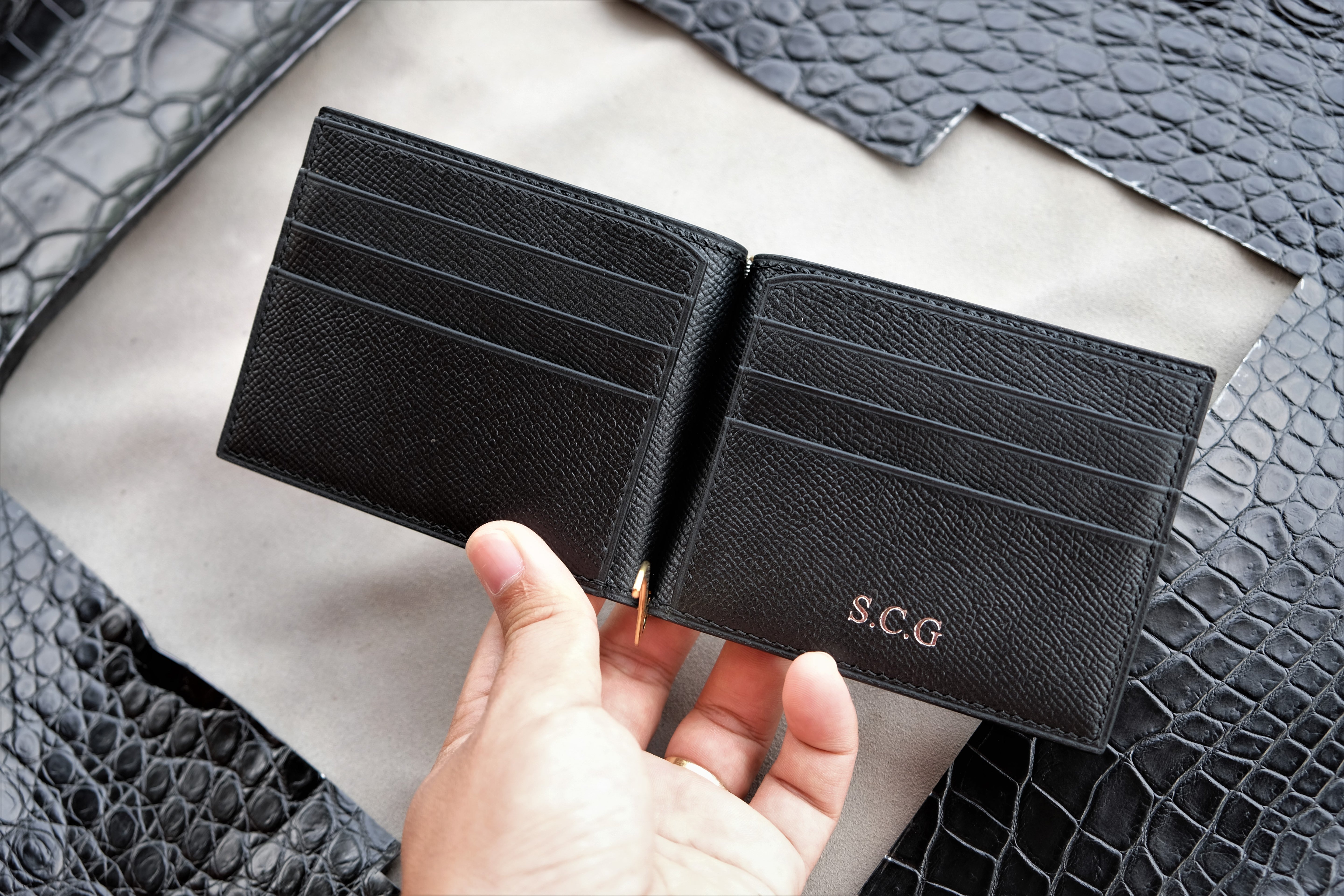 Black Alligator Leather Money Clip Wallet
