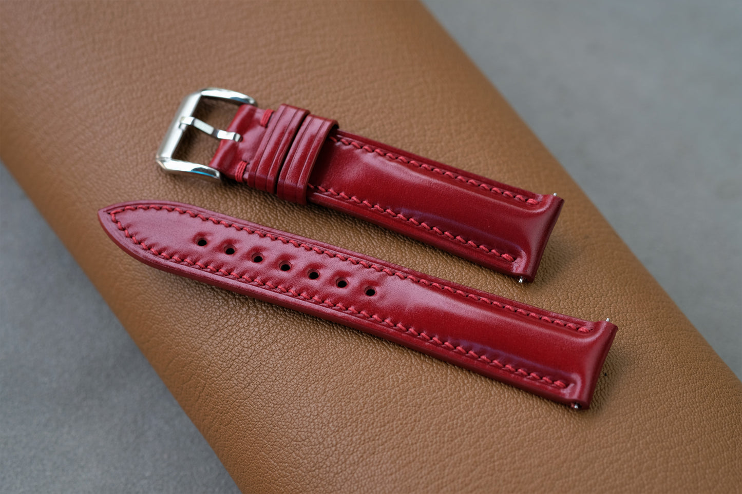 Red Shinki Hikaku Shell Cordovan Watch Strap