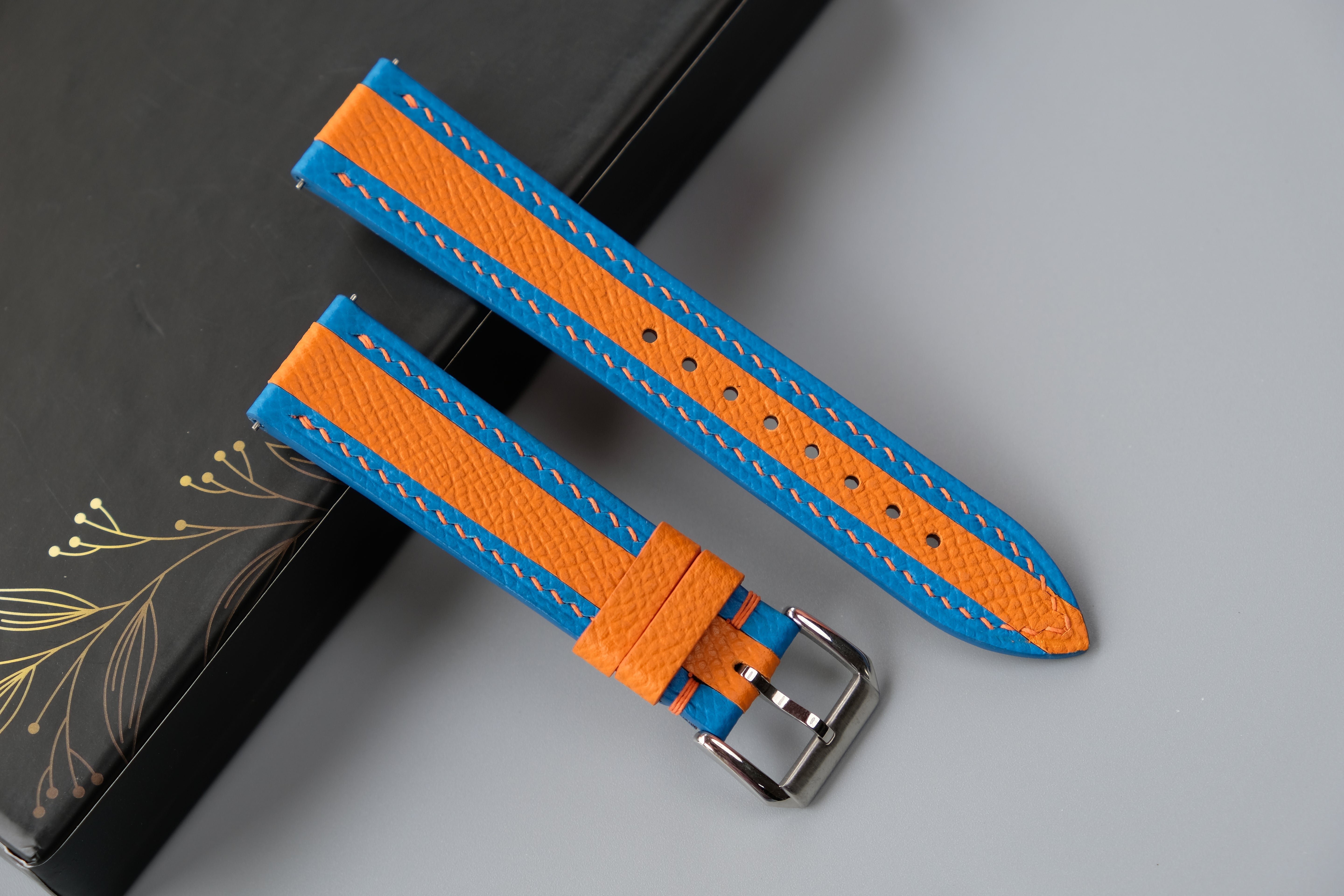 Blue Mixed Orange Epsom Leather Watch Strap