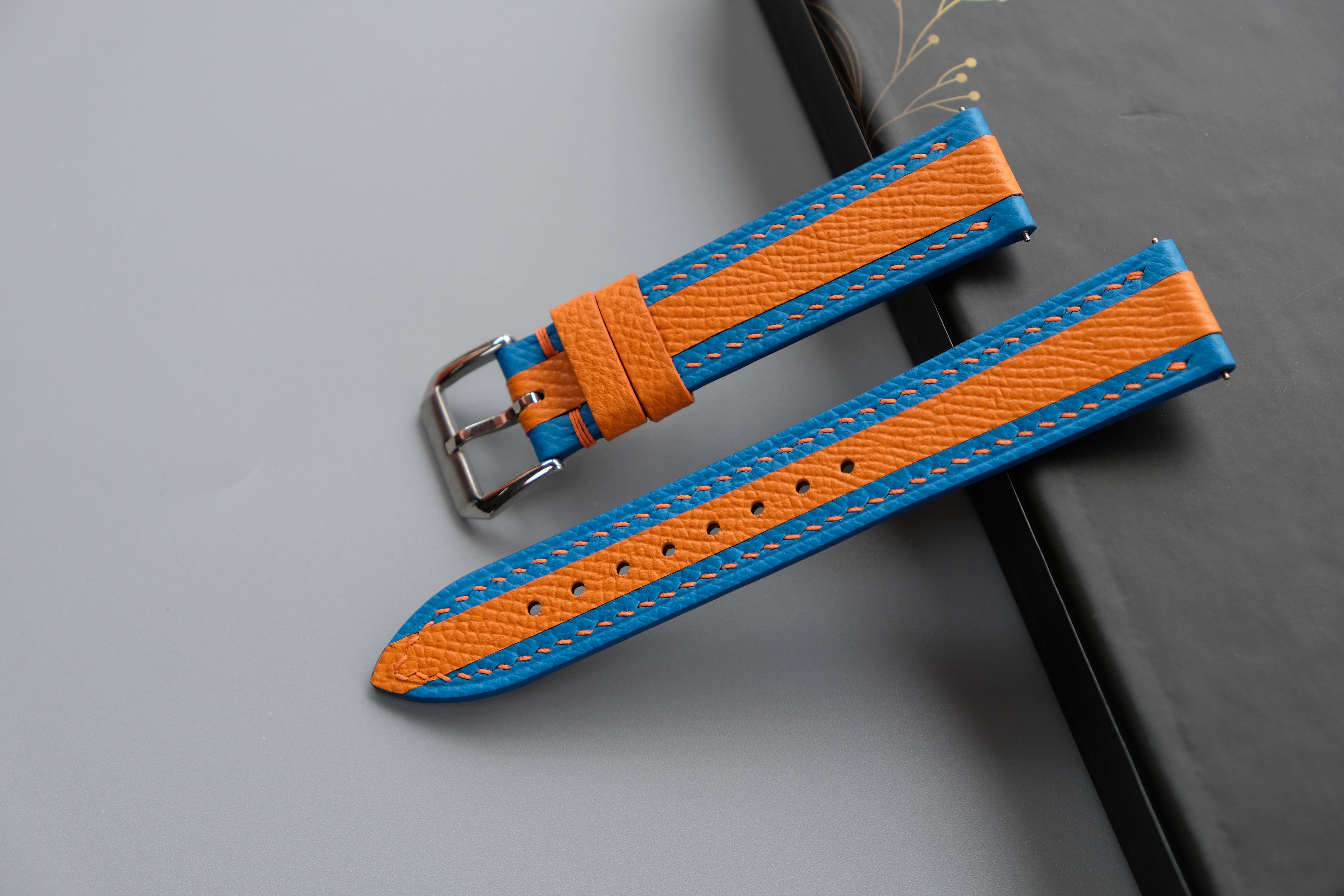 Blue Mixed Orange Epsom Leather Watch Strap